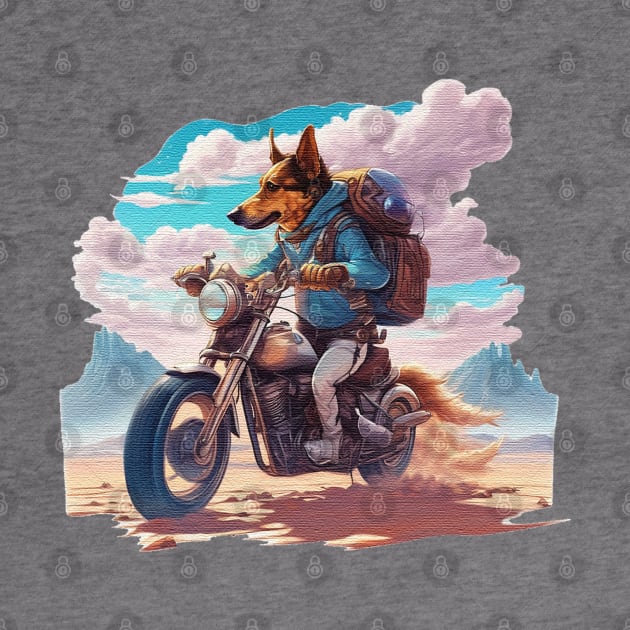 Dog riding a motorcycle in the desert by JnS Merch Store